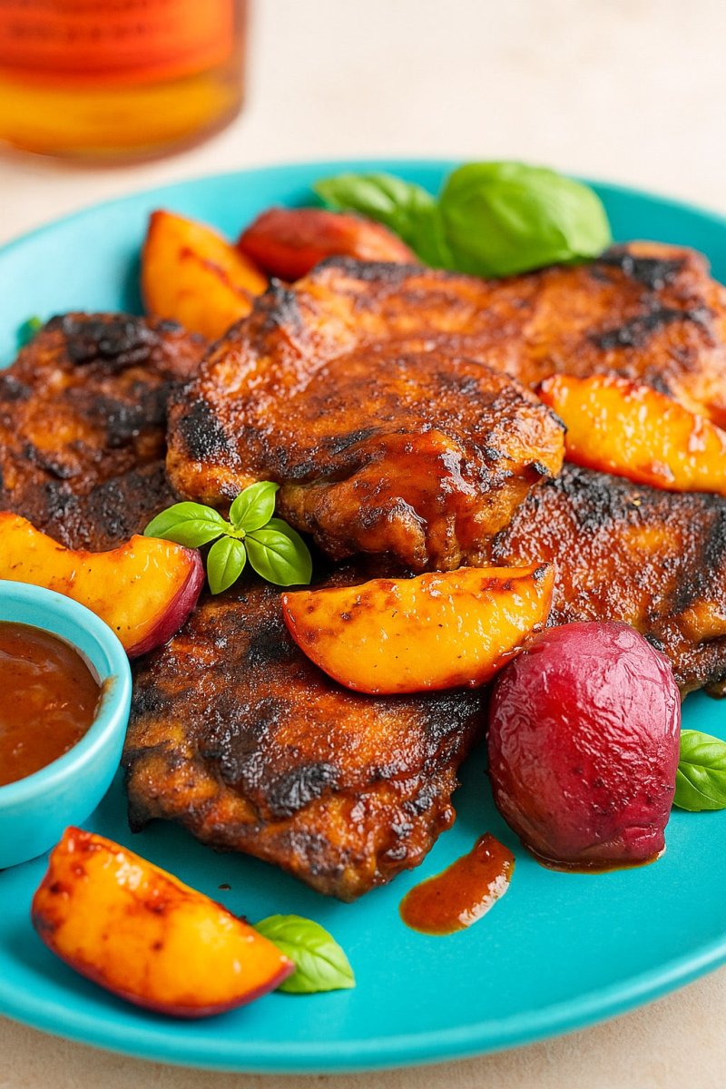 Grilled peach and bourbon BBQ chicken recipe that celebrates summer’s best produce and packs in bold, smoky, sweet, and tangy flavors. 🍑🔥 - BBQRubs.com