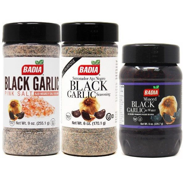 Badia Black Garlic Pink Salt, Seasoning & Minced Black Garlic Bundle