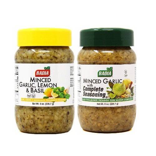 Badia Minced Garlic with Complete Seasoning & Minced Garlic with Lemon Basil Bundle