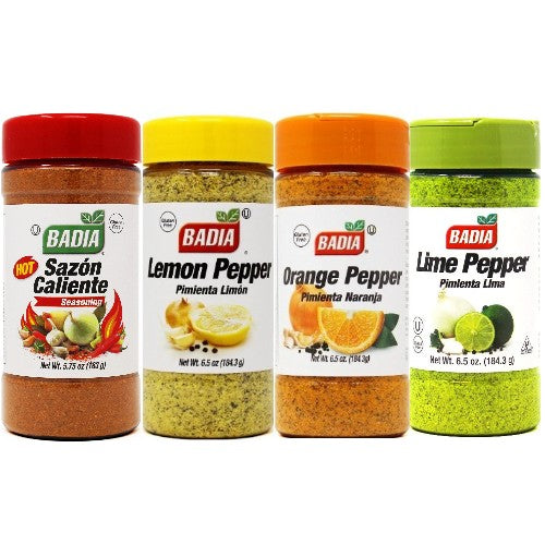 Badia Lemon Pepper, Lime Pepper, Orange Pepper & Sazón Caliente Bundle