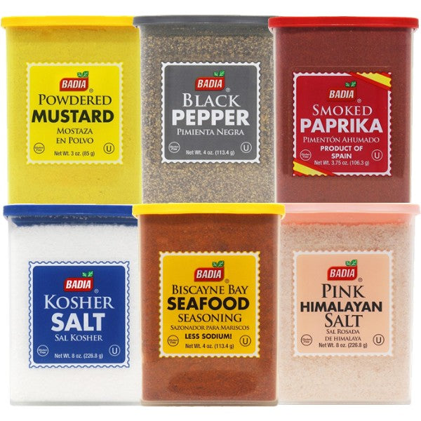 Badia Powdered Mustard, Black Pepper, Smoked Paprika, Kosher Salt, Biscayne Bay Seafood Seasoning & Pink Himalayan Salt Bundle