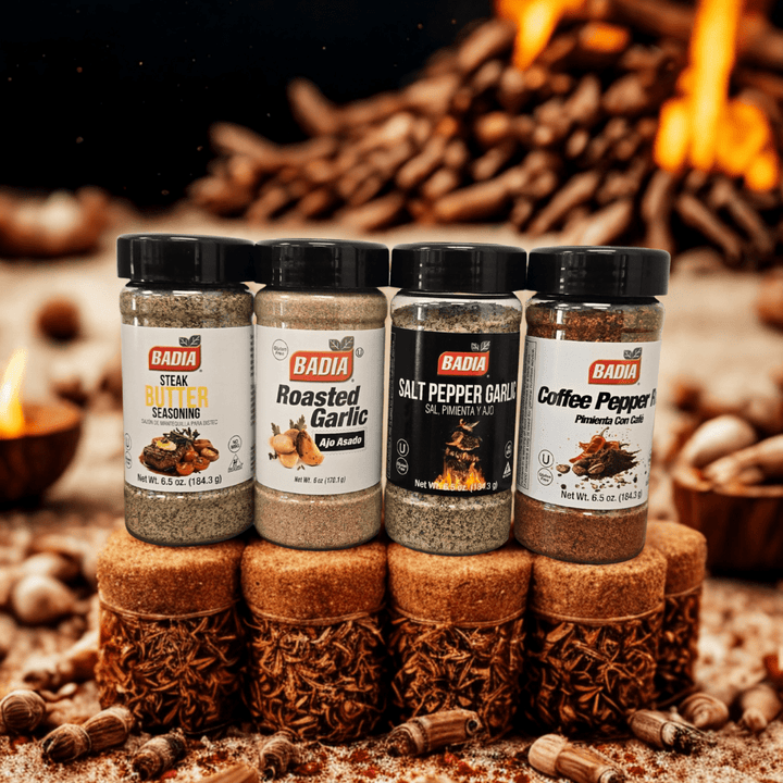 Badia Coffee Pepper Rub, Roasted Garlic, Butter Steak & Salt Pepper Garlic Bundle - BBQRubs.com