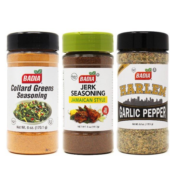 Badia Harlem Garlic Pepper, Collard Greens & Jamaican Jerk Seasoning Bundle - BBQRubs.com