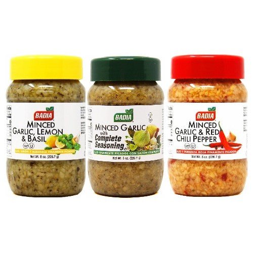 Badia Minced Garlic Complete Seasoning, Lemon Basil & Red Chili Pepper Bundle - BBQRubs.com