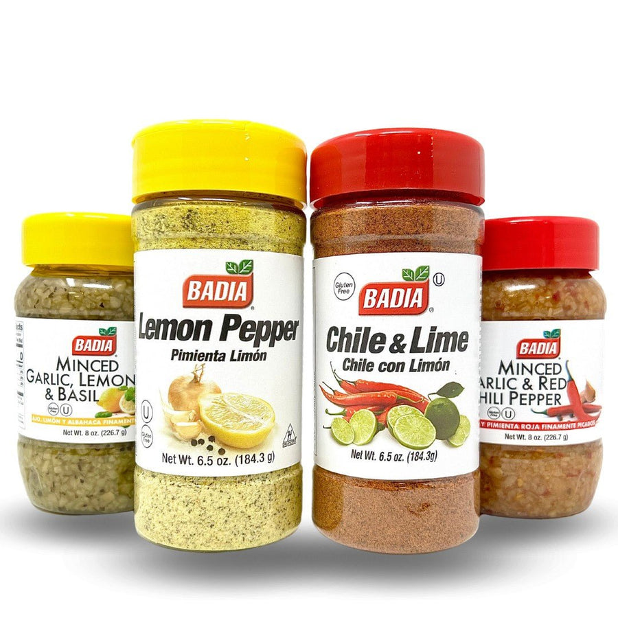 Badia Minced Garlic Lemon Basil, Lemon Pepper, Chile Lime & Minced Garlic Red Chili Pepper Bundle - BBQRubs.com