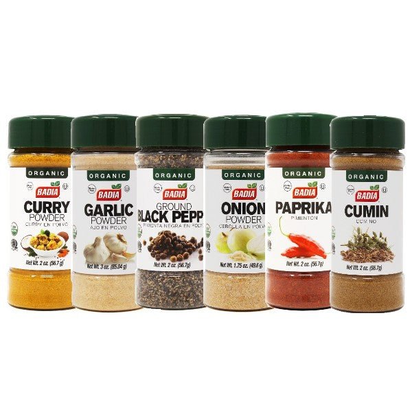 Badia Organic Black Pepper, Paprika, Cumin, Garlic, Onion & Curry Bundle - BBQRubs.com