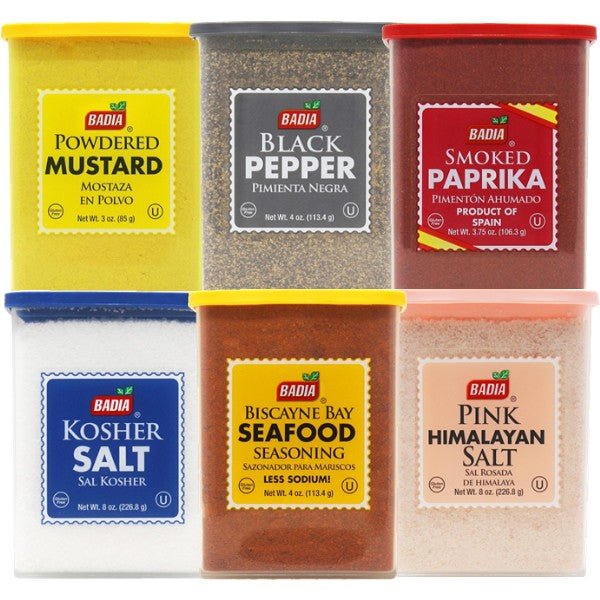 Badia Powdered Mustard, Black Pepper, Smoked Paprika, Kosher Salt, Biscayne Bay Seafood Seasoning & Pink Himalayan Salt Bundle - BBQRubs.com
