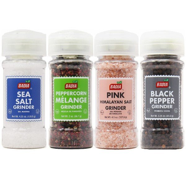 Badia Sea Salt, Peppercorn Mélange, Pink Himalayan Salt & Black Pepper Grinder Bundle - BBQRubs.com