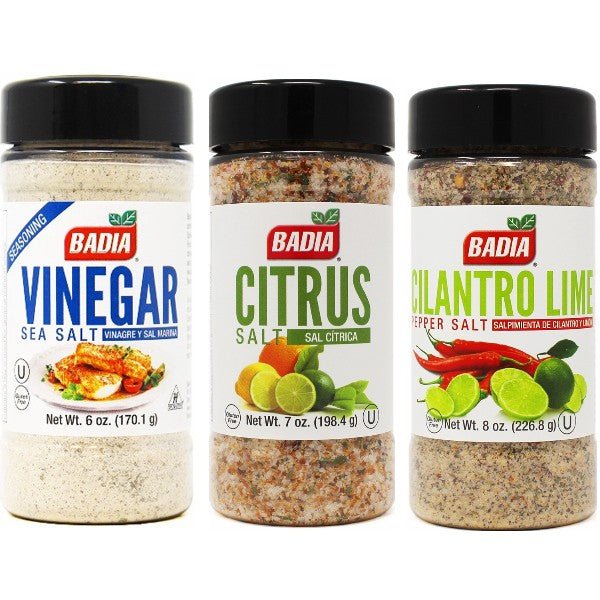Badia Vinegar Sea Salt, Citrus Salt & Cilantro Lime Pepper Salt Bundle - BBQRubs.com