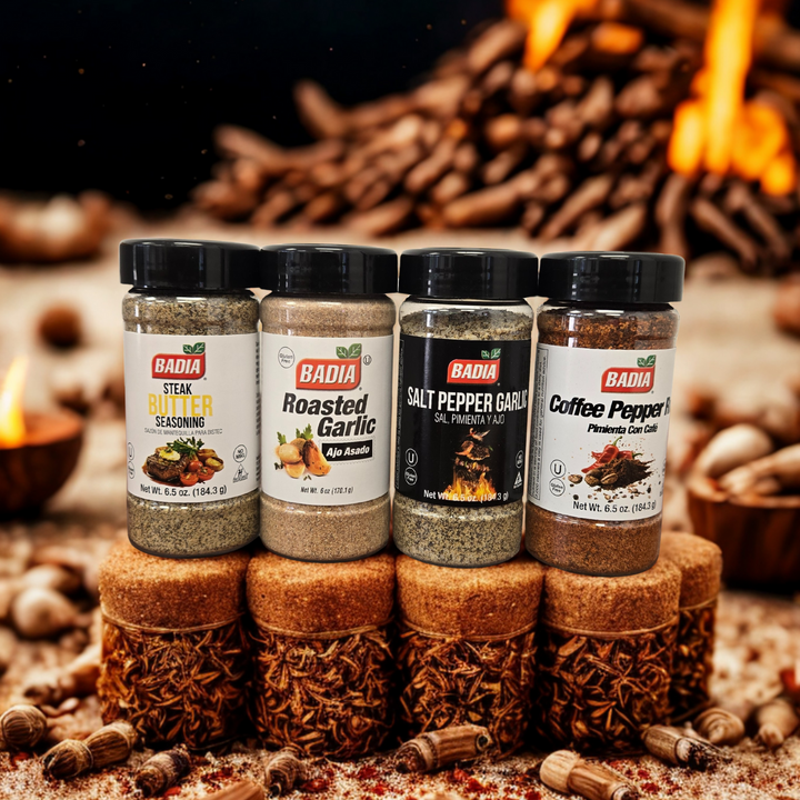 Badia Coffee Pepper Rub, Roasted Garlic, Butter Steak & Salt Pepper Garlic Bundle